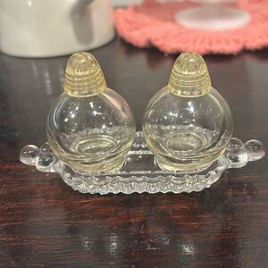 Vintage Irice NY Glass Salt & Pepper Round Ball Shakers with Clear Tray
